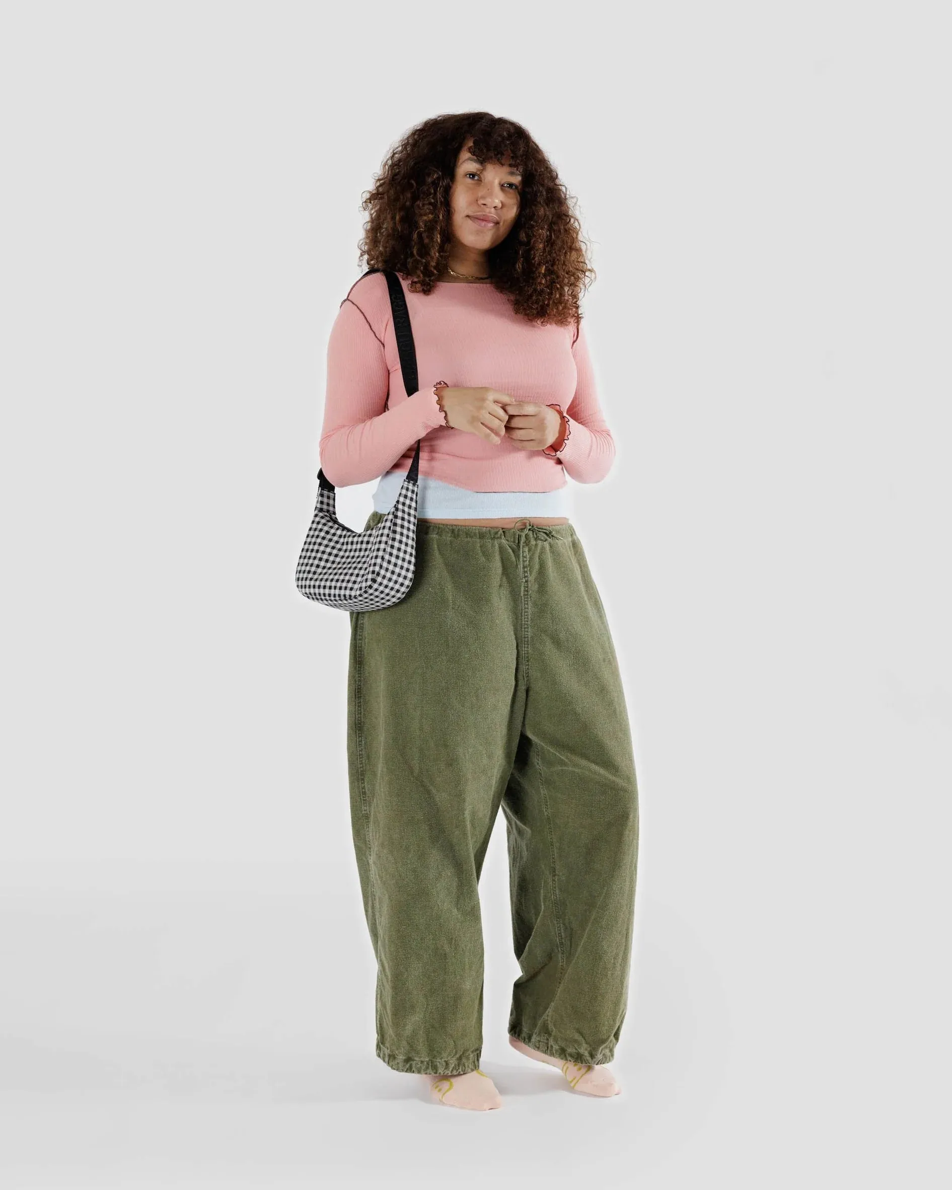BAGGU Small Nylon Crescent Bag - Black & White Gingham