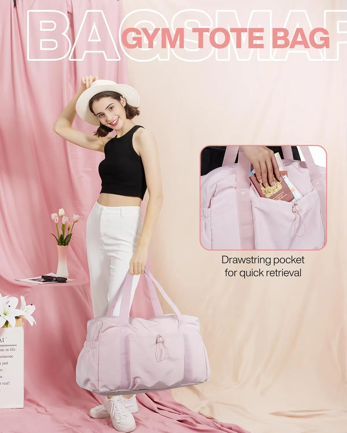BAGSMART Duffle Bag for Travel, Weekender Overnight Bags for Women with Wet Pocket Underseat for Airplane (pink)