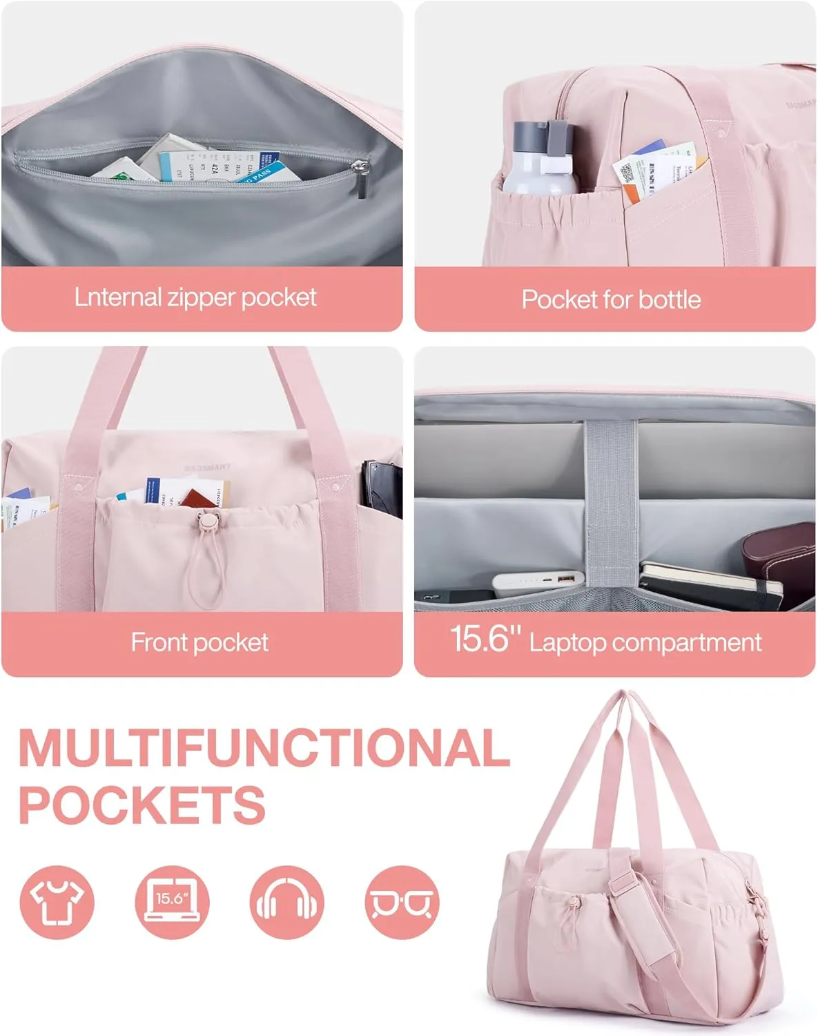 BAGSMART Duffle Bag for Travel, Weekender Overnight Bags for Women with Wet Pocket Underseat for Airplane (pink)