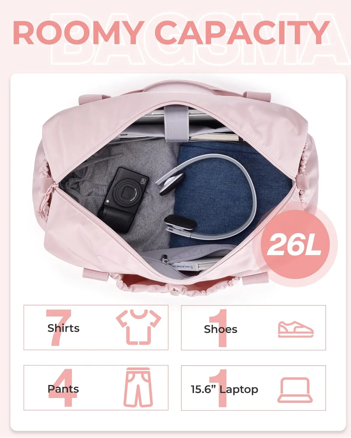 BAGSMART Duffle Bag for Travel, Weekender Overnight Bags for Women with Wet Pocket Underseat for Airplane (pink)