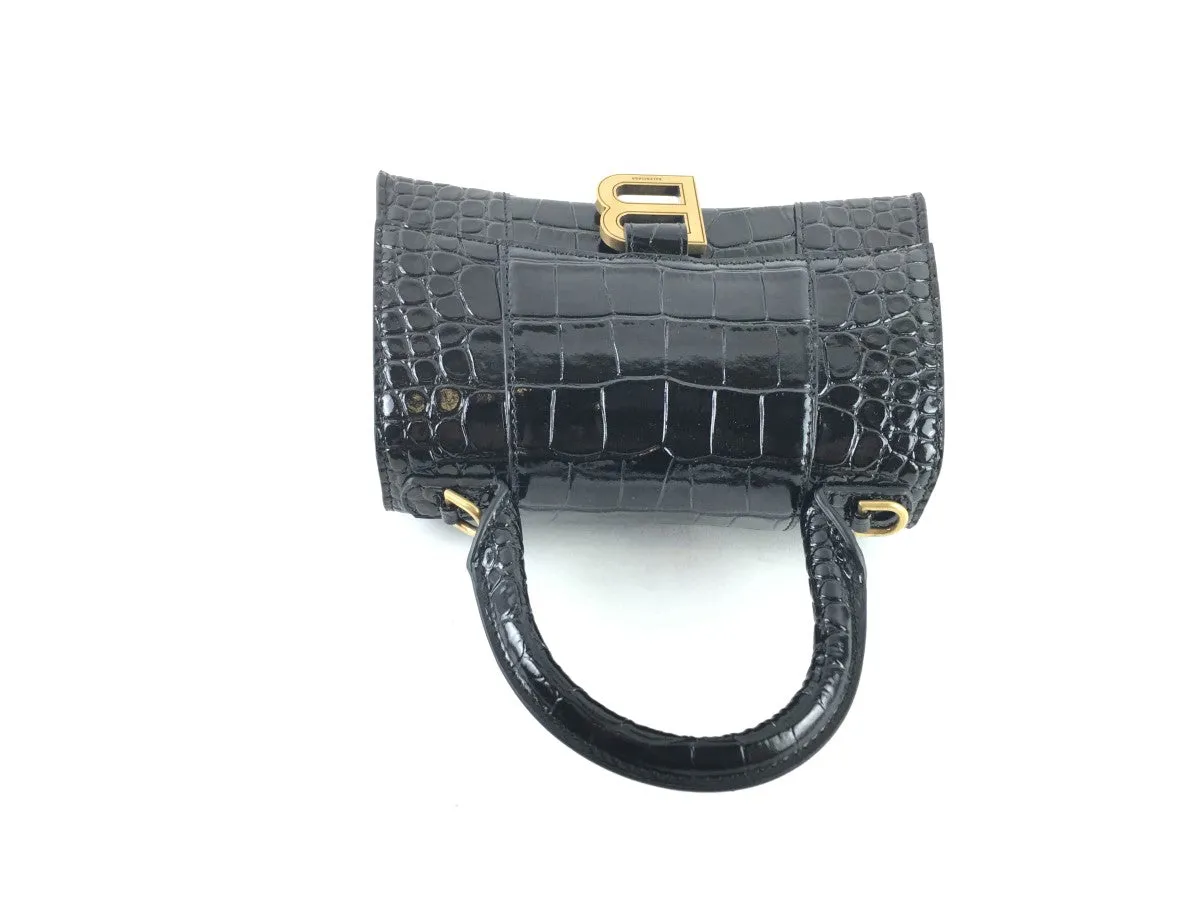 BALENCIAGA XS HOURGLASS CROC-EMBOSSED LEATHER TOP HANDLE BAG