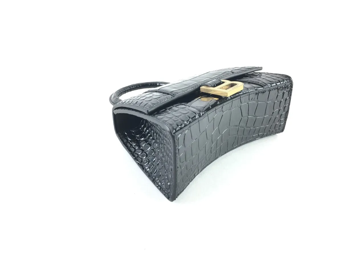 BALENCIAGA XS HOURGLASS CROC-EMBOSSED LEATHER TOP HANDLE BAG