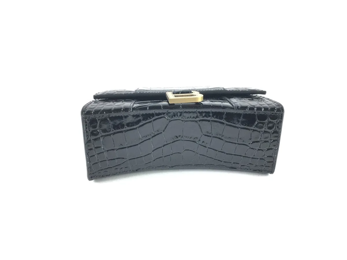 BALENCIAGA XS HOURGLASS CROC-EMBOSSED LEATHER TOP HANDLE BAG