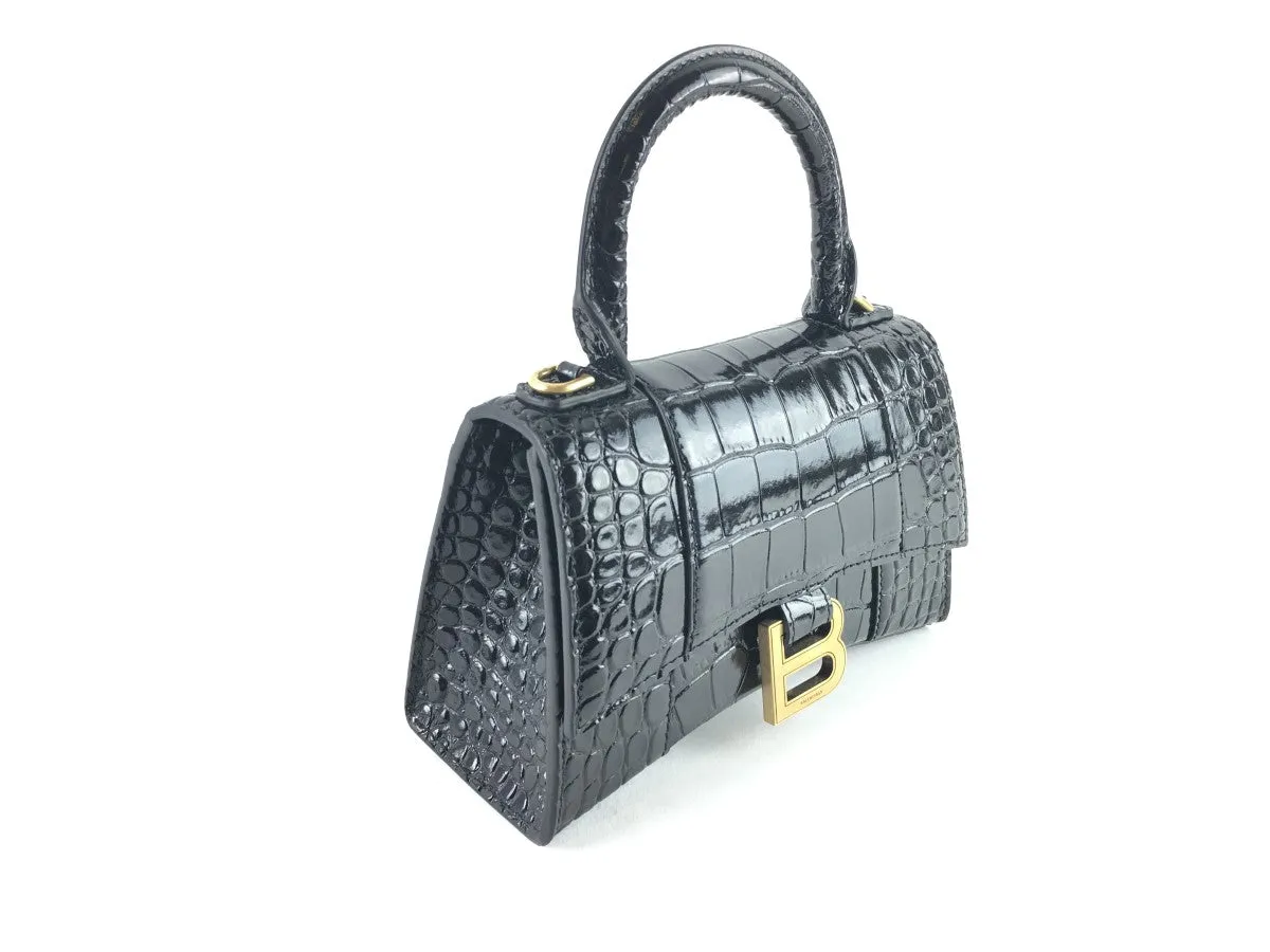 BALENCIAGA XS HOURGLASS CROC-EMBOSSED LEATHER TOP HANDLE BAG