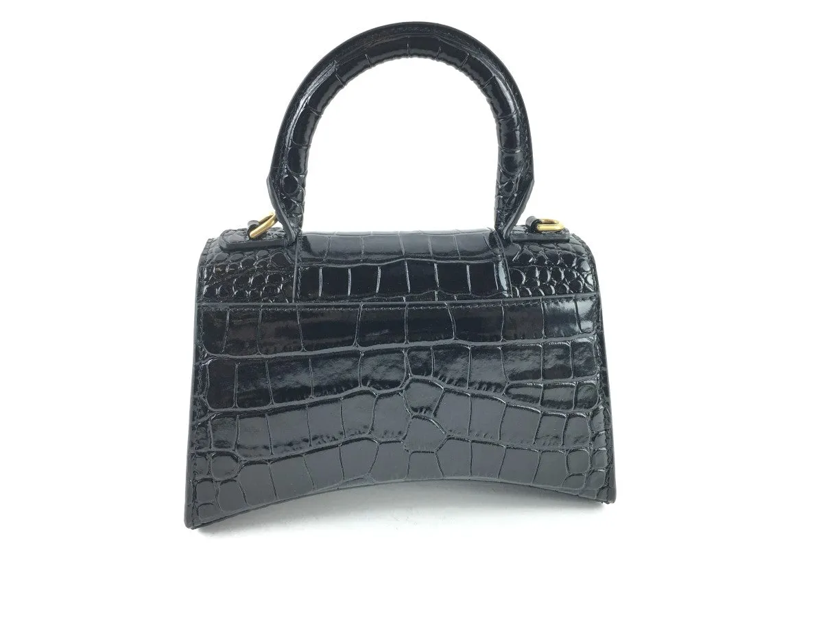 BALENCIAGA XS HOURGLASS CROC-EMBOSSED LEATHER TOP HANDLE BAG