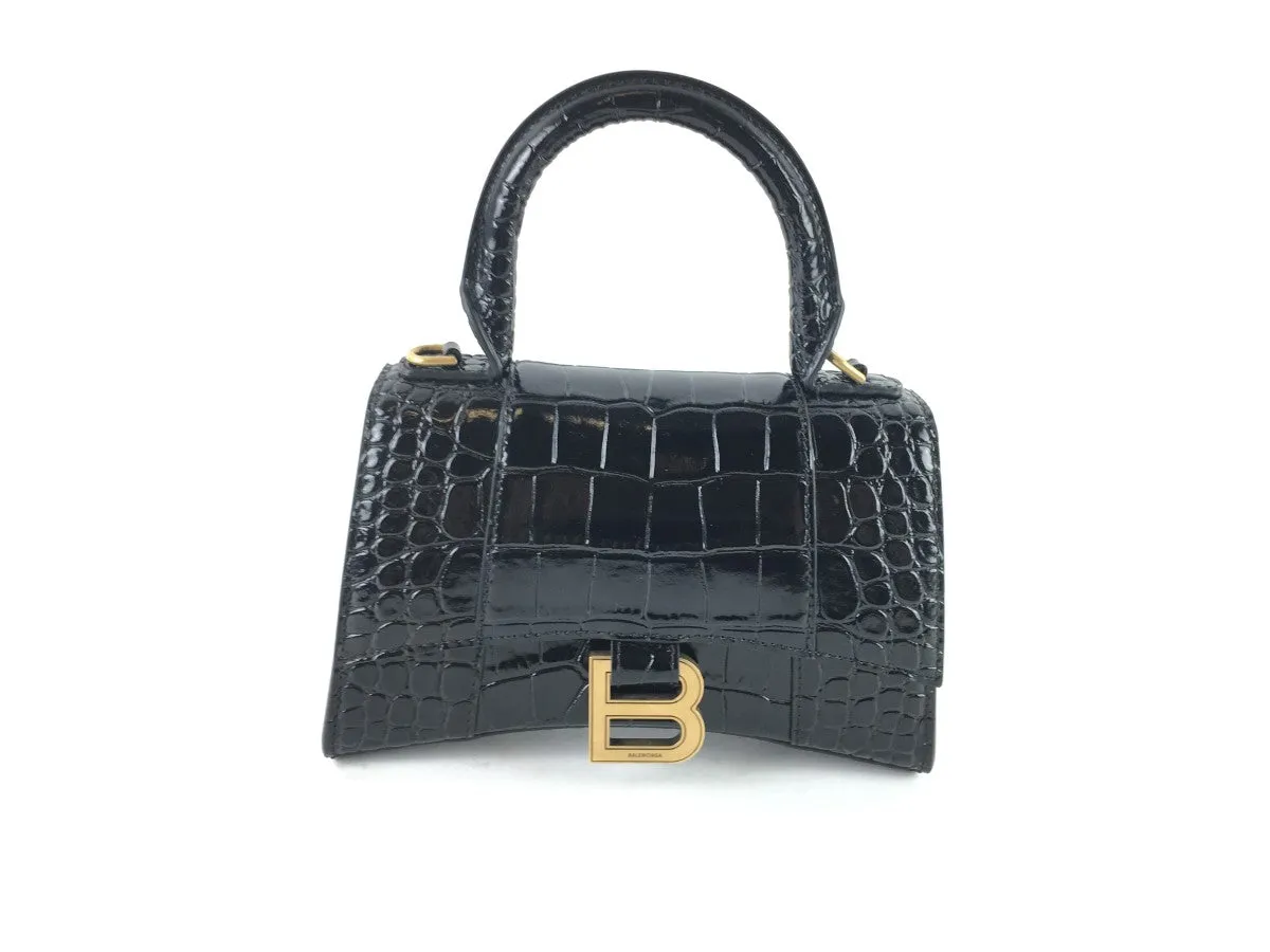 BALENCIAGA XS HOURGLASS CROC-EMBOSSED LEATHER TOP HANDLE BAG