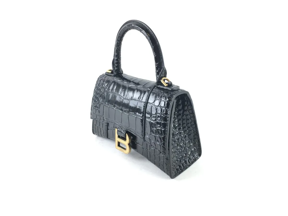 BALENCIAGA XS HOURGLASS CROC-EMBOSSED LEATHER TOP HANDLE BAG