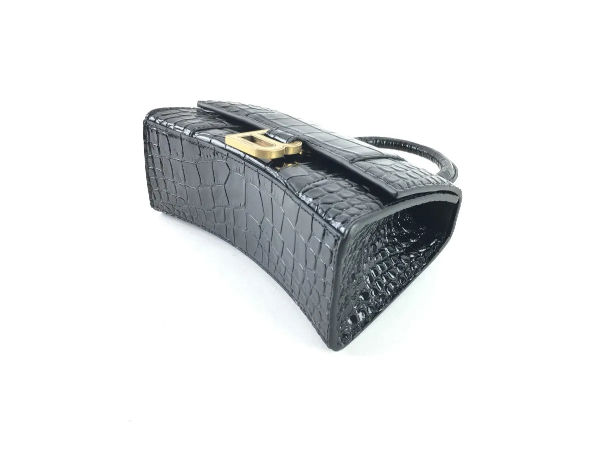 BALENCIAGA XS HOURGLASS CROC-EMBOSSED LEATHER TOP HANDLE BAG