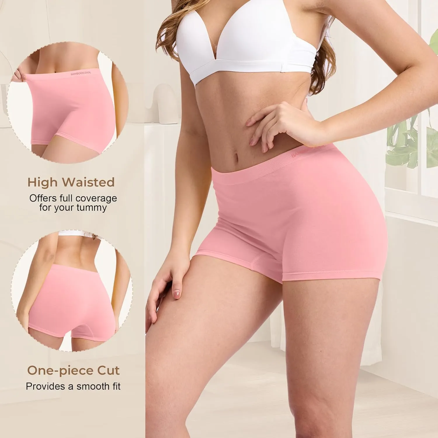 BAMBOO COOL Women's Boyshort Panties Seamless High Waist Underwear Stretchy Moisture Wicking Boxer Briefs for Ladies 5 Pack