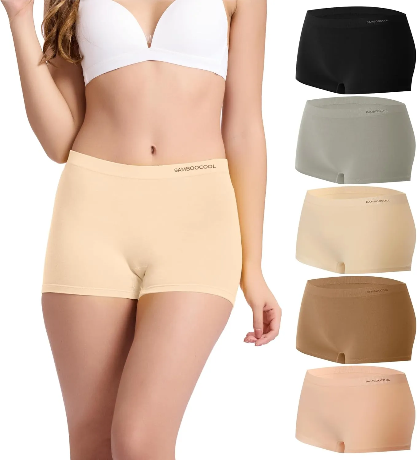 BAMBOO COOL Women's Boyshort Panties Seamless High Waist Underwear Stretchy Moisture Wicking Boxer Briefs for Ladies 5 Pack