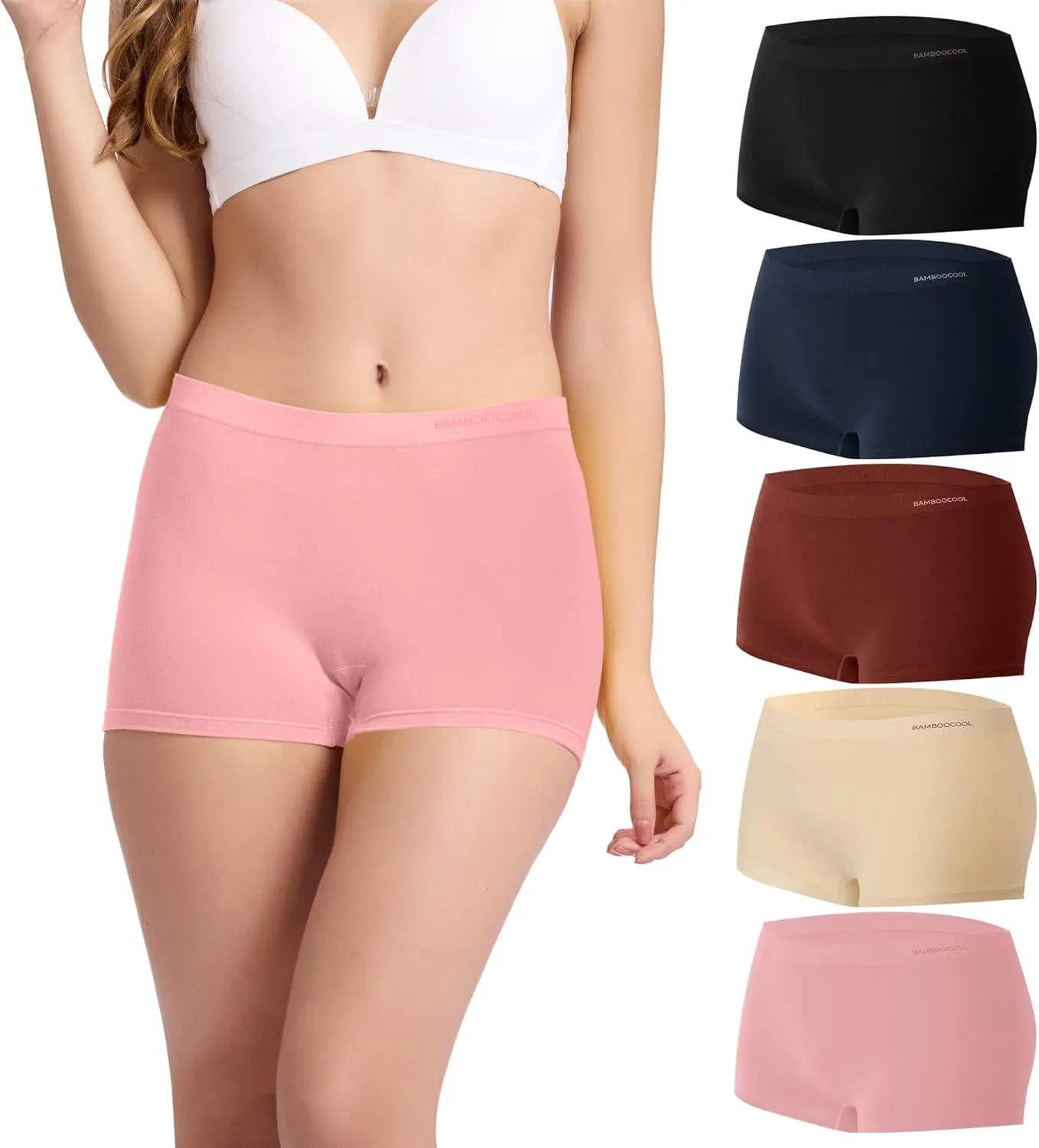 BAMBOO COOL Women's Boyshort Panties Seamless High Waist Underwear Stretchy Moisture Wicking Boxer Briefs for Ladies 5 Pack