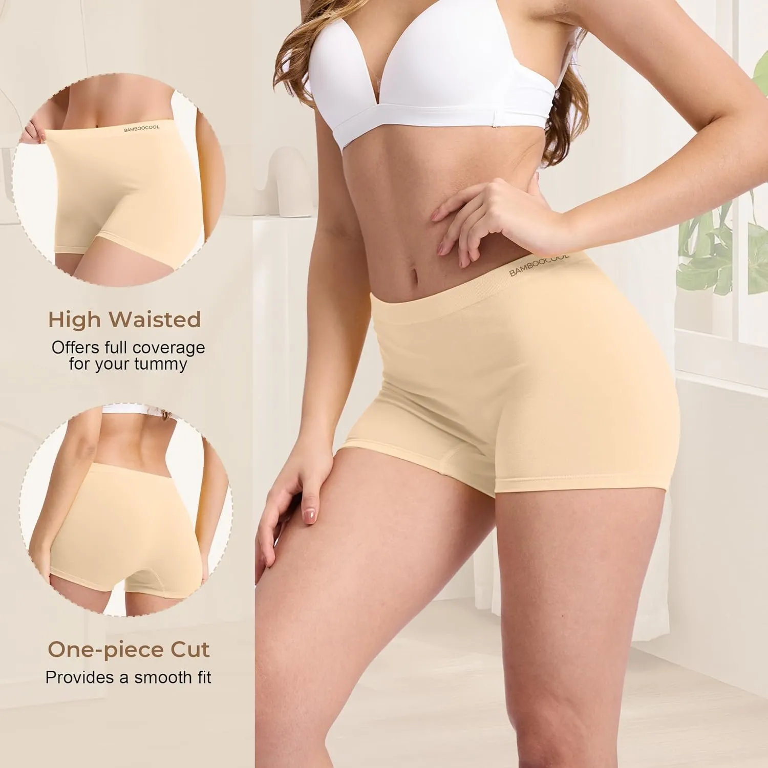 BAMBOO COOL Women's Boyshort Panties Seamless High Waist Underwear Stretchy Moisture Wicking Boxer Briefs for Ladies 5 Pack