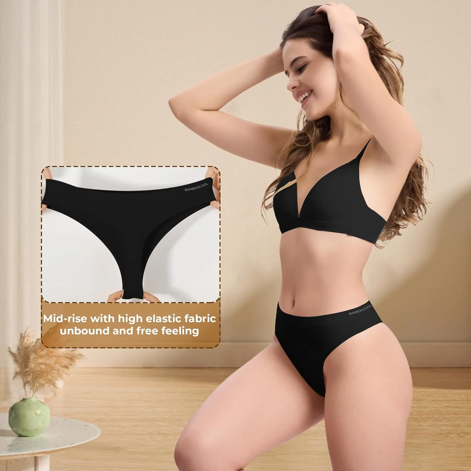 BAMBOO COOL Women's Thongs Seamless Moisture-Wicking Breathable Underwear High Stretchy Mid Waisted Panties Tagless 6 Pack