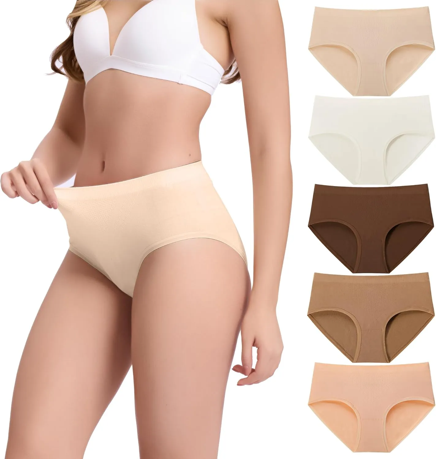 BAMBOO COOL Women's Underwear Mid Waisted Brief Ladies Seamless Panties Moisture Wicking Stretchy Full Coverage 5 Pack