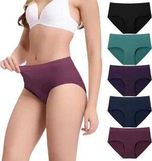 BAMBOO COOL Women's Underwear Mid Waisted Brief Ladies Seamless Panties Moisture Wicking Stretchy Full Coverage 5 Pack