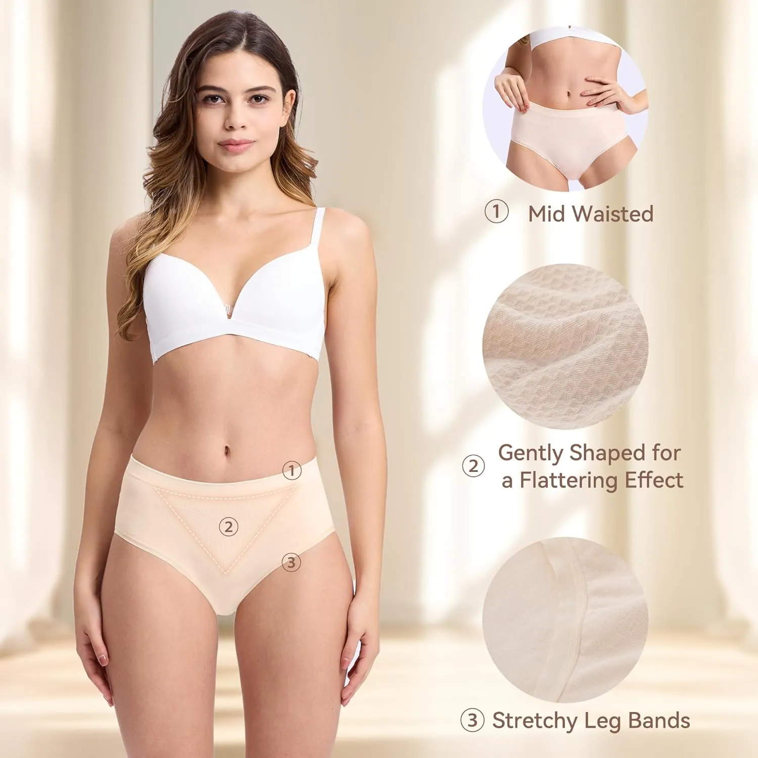 BAMBOO COOL Women's Underwear Mid Waisted Brief Ladies Seamless Panties Moisture Wicking Stretchy Full Coverage 5 Pack
