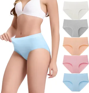 BAMBOO COOL Women's Underwear Mid Waisted Brief Ladies Seamless Panties Moisture Wicking Stretchy Full Coverage 5 Pack