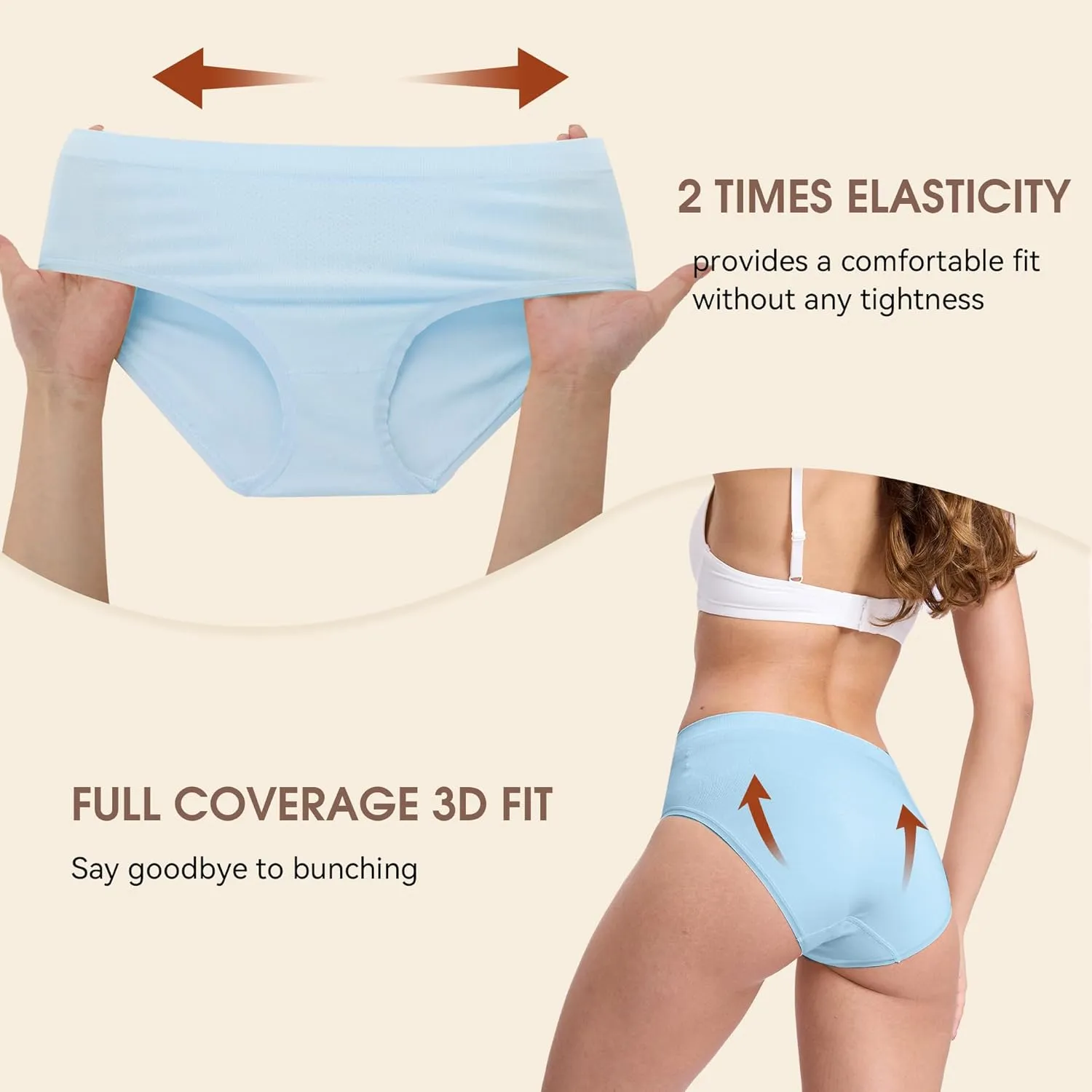 BAMBOO COOL Women's Underwear Mid Waisted Brief Ladies Seamless Panties Moisture Wicking Stretchy Full Coverage 5 Pack