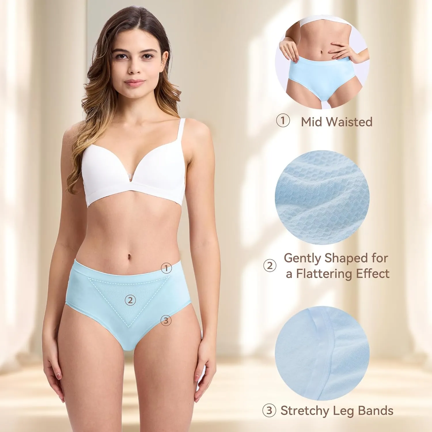 BAMBOO COOL Women's Underwear Mid Waisted Brief Ladies Seamless Panties Moisture Wicking Stretchy Full Coverage 5 Pack