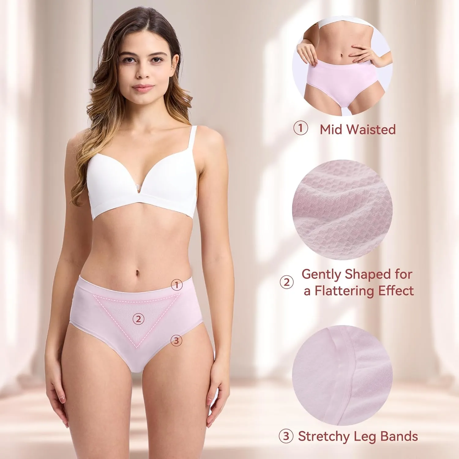 BAMBOO COOL Women's Underwear Mid Waisted Brief Ladies Seamless Panties Moisture Wicking Stretchy Full Coverage 5 Pack