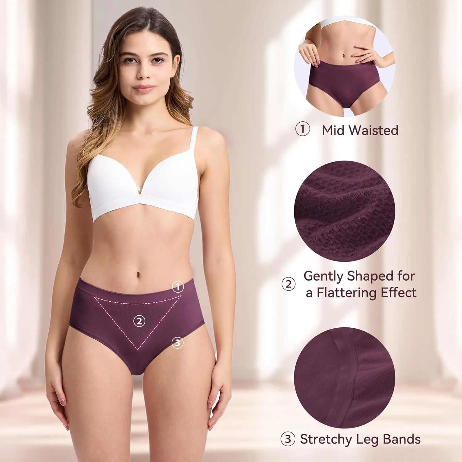 BAMBOO COOL Women's Underwear Mid Waisted Brief Ladies Seamless Panties Moisture Wicking Stretchy Full Coverage 5 Pack