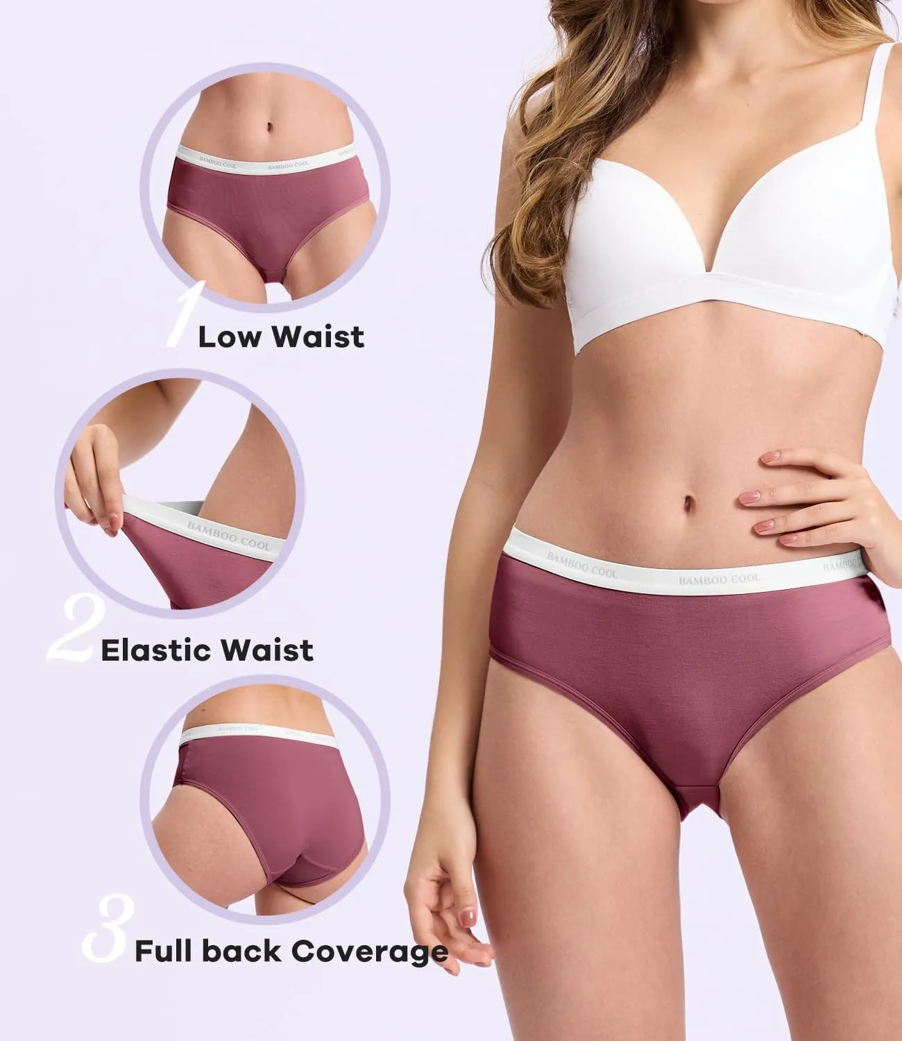 BAMBOO COOL Womens Underwear, Moisture-Wicking Briefs, Soft and Breathable Panties, Mid Waist, 5-Pack