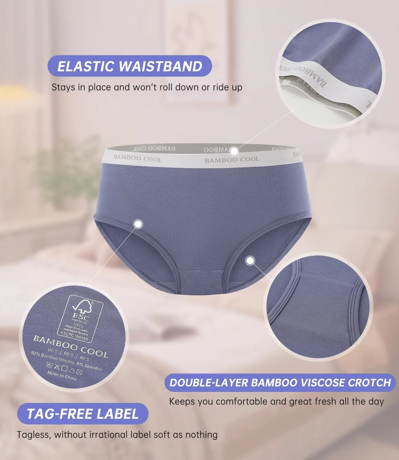 BAMBOO COOL Womens Underwear, Moisture-Wicking Briefs, Soft and Breathable Panties, Mid Waist, 5-Pack