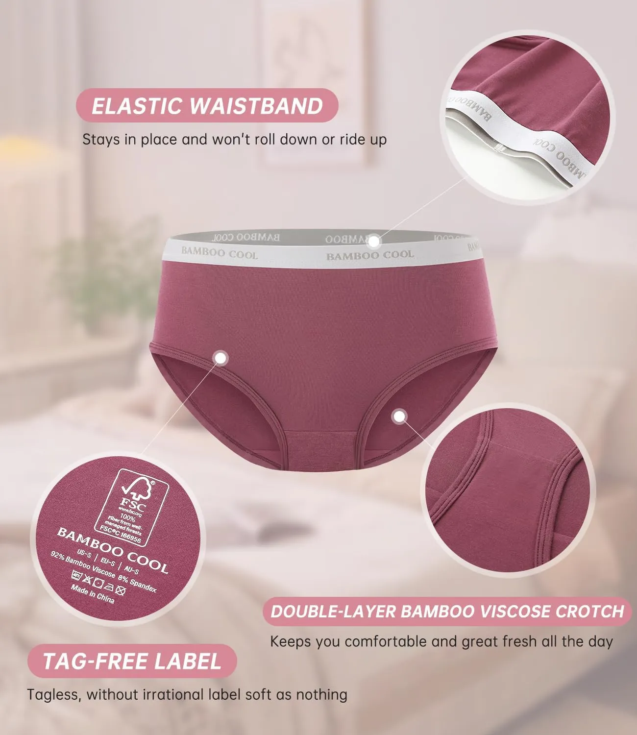 BAMBOO COOL Womens Underwear, Moisture-Wicking Briefs, Soft and Breathable Panties, Mid Waist, 5-Pack