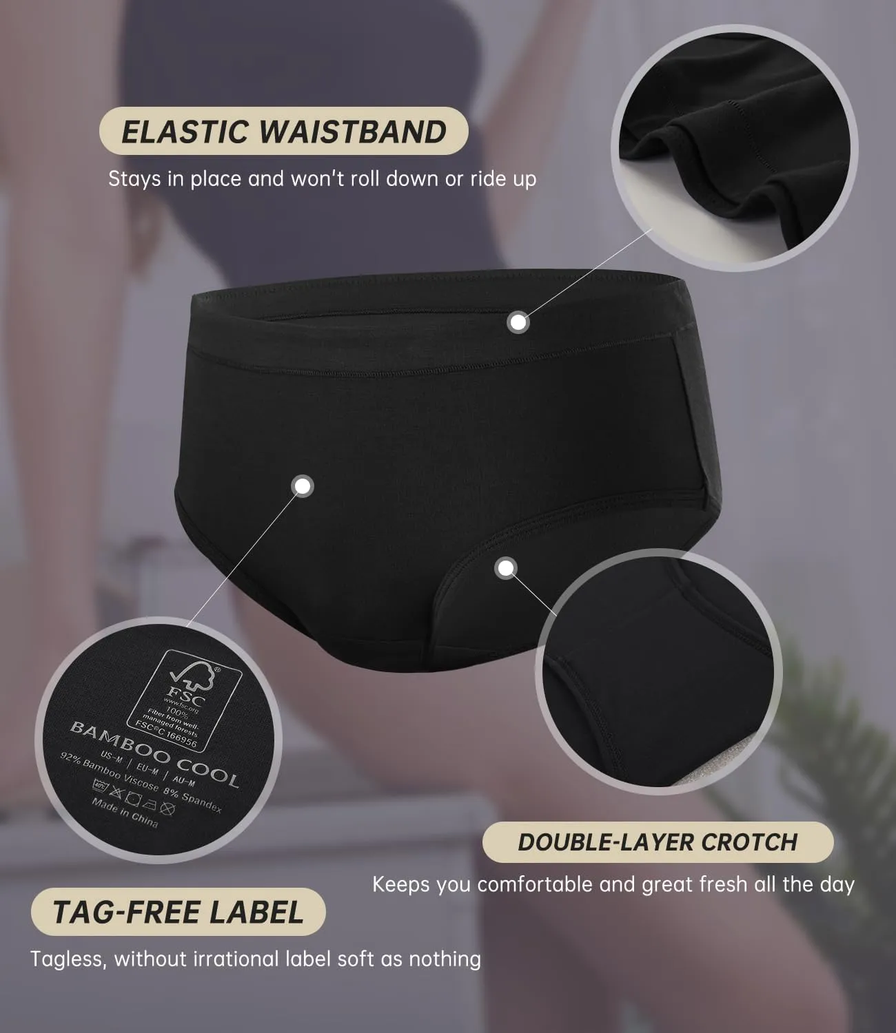 BAMBOO COOL Womens Underwear, Moisture-Wicking Briefs, Soft and Breathable Panties, Mid Waist, 5-Pack