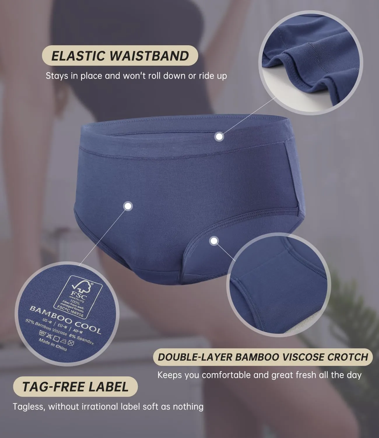 BAMBOO COOL Womens Underwear, Moisture-Wicking Briefs, Soft and Breathable Panties, Mid Waist, 5-Pack
