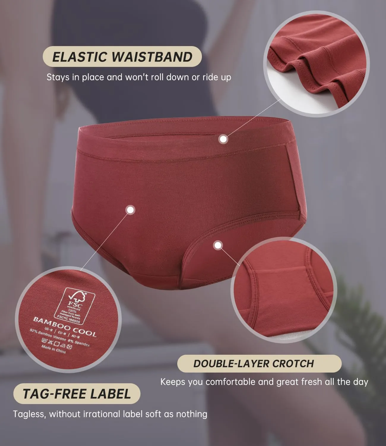 BAMBOO COOL Womens Underwear, Moisture-Wicking Briefs, Soft and Breathable Panties, Mid Waist, 5-Pack