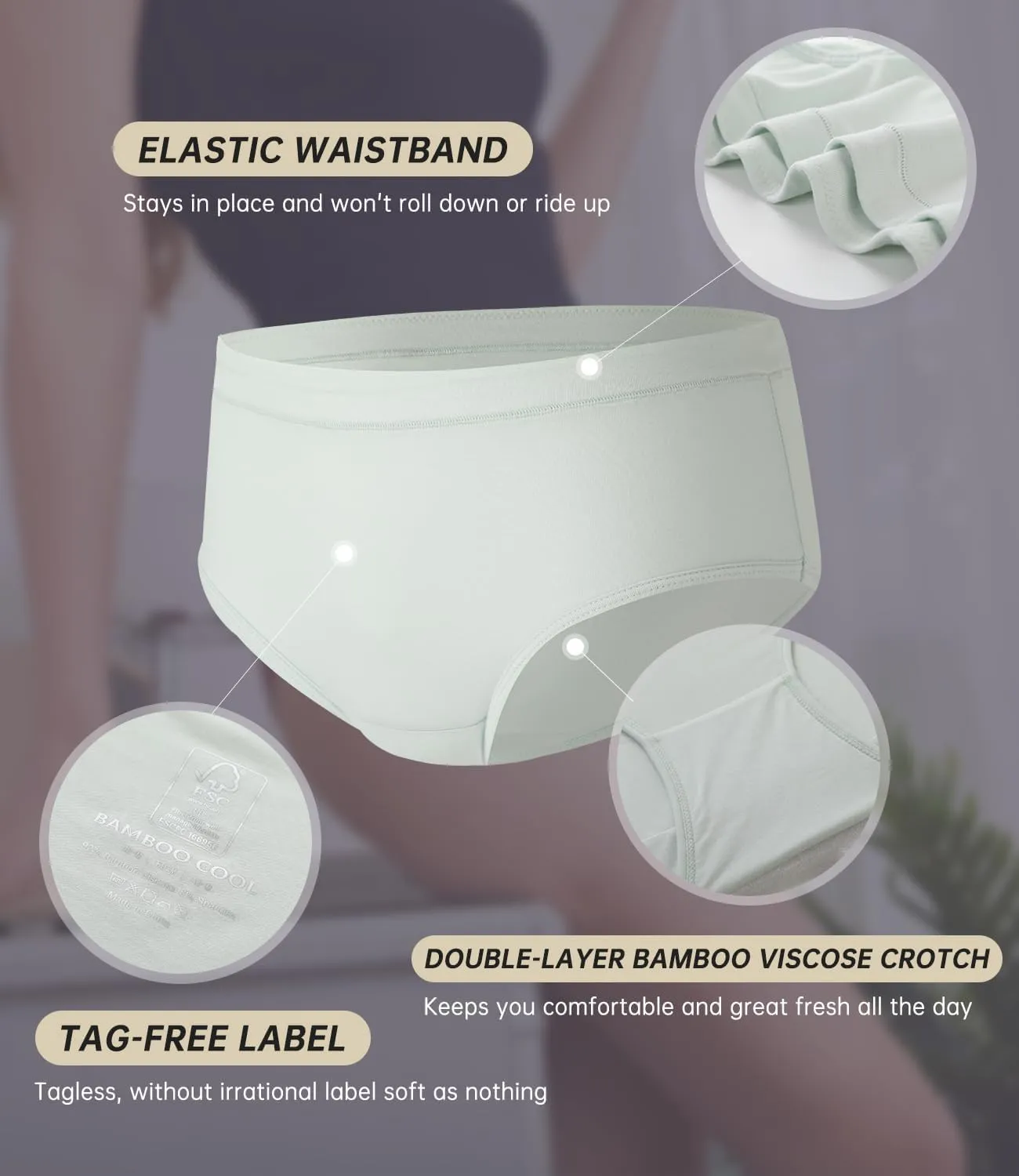 BAMBOO COOL Womens Underwear, Moisture-Wicking Briefs, Soft and Breathable Panties, Mid Waist, 5-Pack
