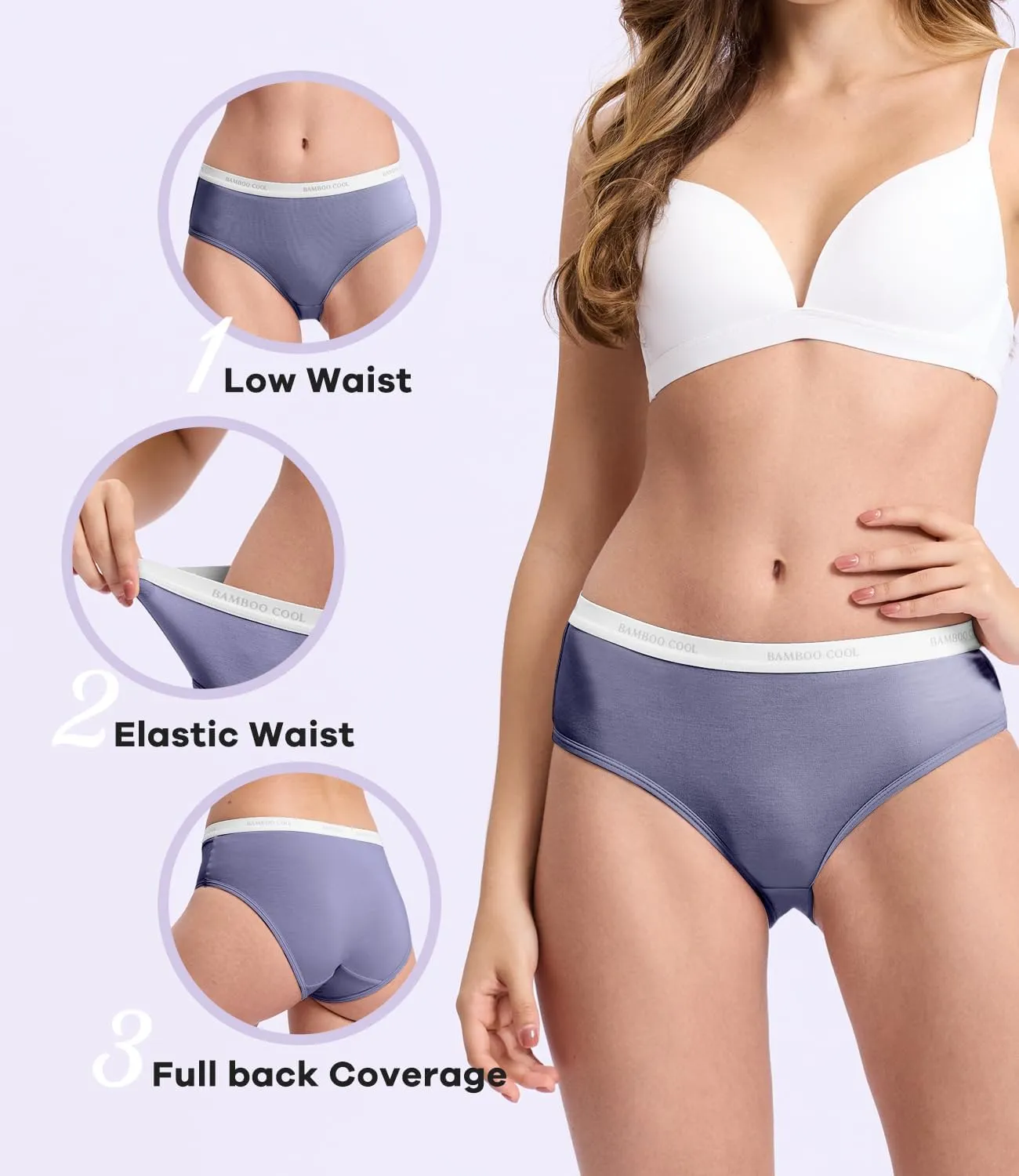 BAMBOO COOL Womens Underwear, Moisture-Wicking Briefs, Soft and Breathable Panties, Mid Waist, 5-Pack
