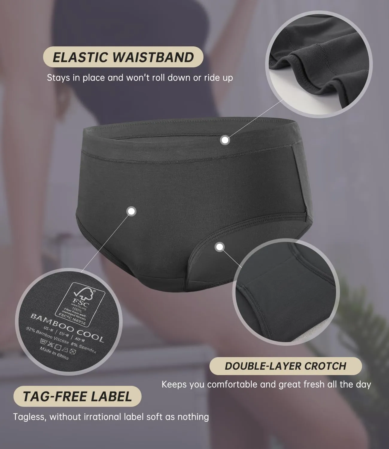 BAMBOO COOL Womens Underwear, Moisture-Wicking Briefs, Soft and Breathable Panties, Mid Waist, 5-Pack
