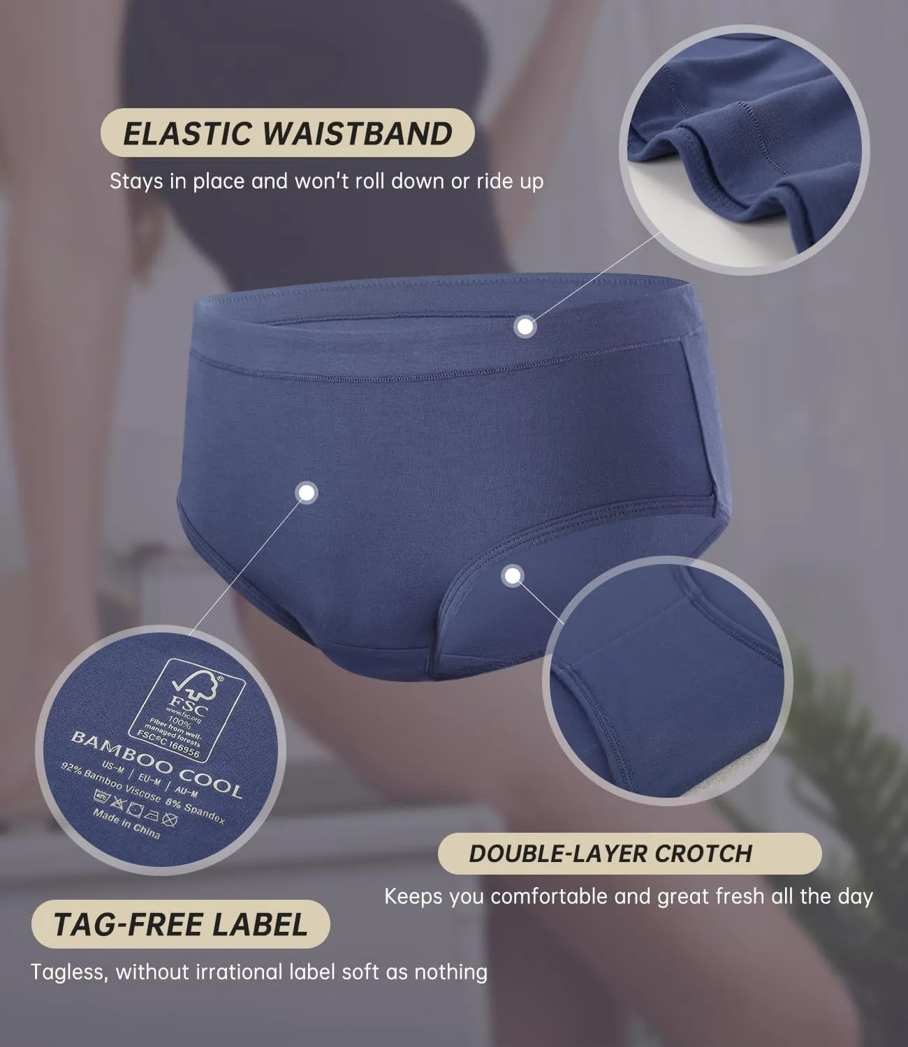 BAMBOO COOL Womens Underwear, Moisture-Wicking Briefs, Soft and Breathable Panties, Mid Waist, 5-Pack
