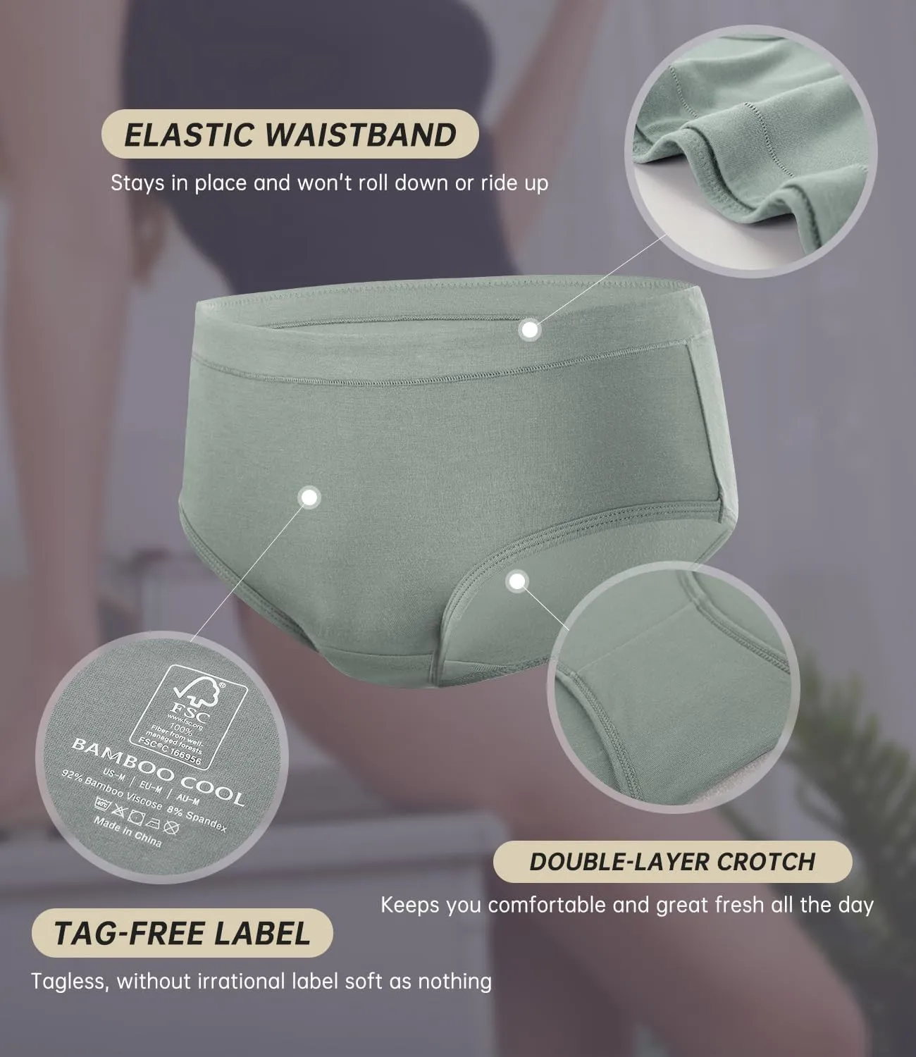 BAMBOO COOL Womens Underwear, Moisture-Wicking Briefs, Soft and Breathable Panties, Mid Waist, 5-Pack