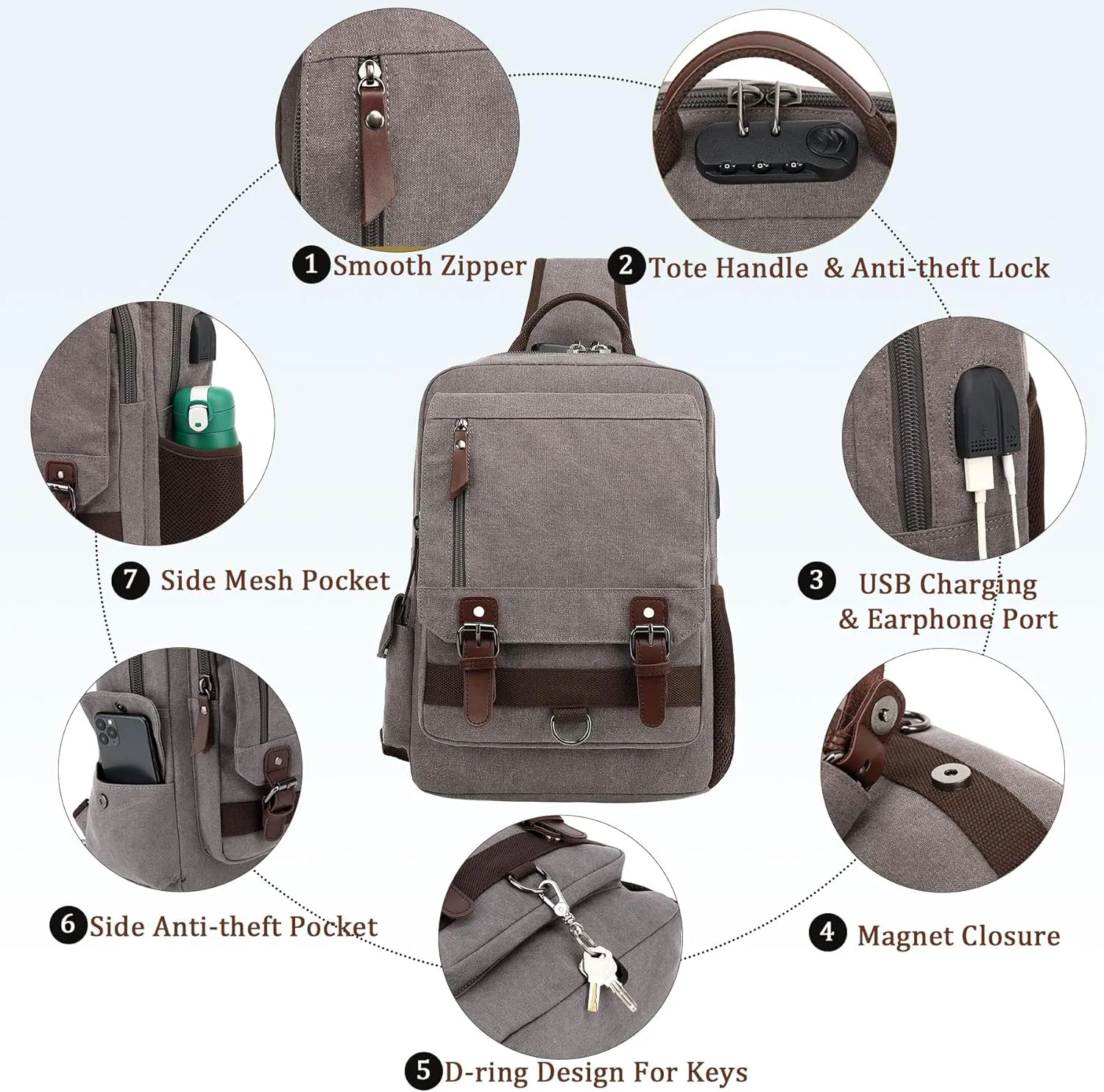 BASICPOWER Messenger Bag Canvas Sling Crossbody Backpack Laptop Casual Travel for Men Women