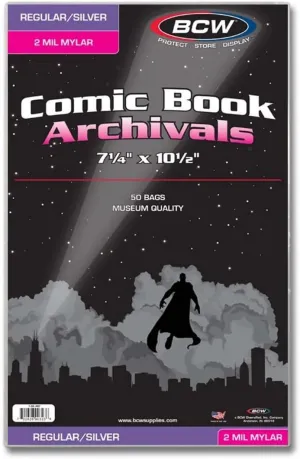 BCW Archival Storage Bags for Silver Age/Regular Comic Books - 50 Pack | 7 1/4" x 10 1/2" | 2 Mil Mylar Comic Book Sleeves | Clear Polyester
