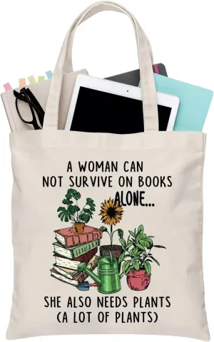 BDPWSS Book Plant Tote Bag For Women Book Lover a Woman Can Not Survive On Books Alone She Also Needs Plants Canvas Handbag