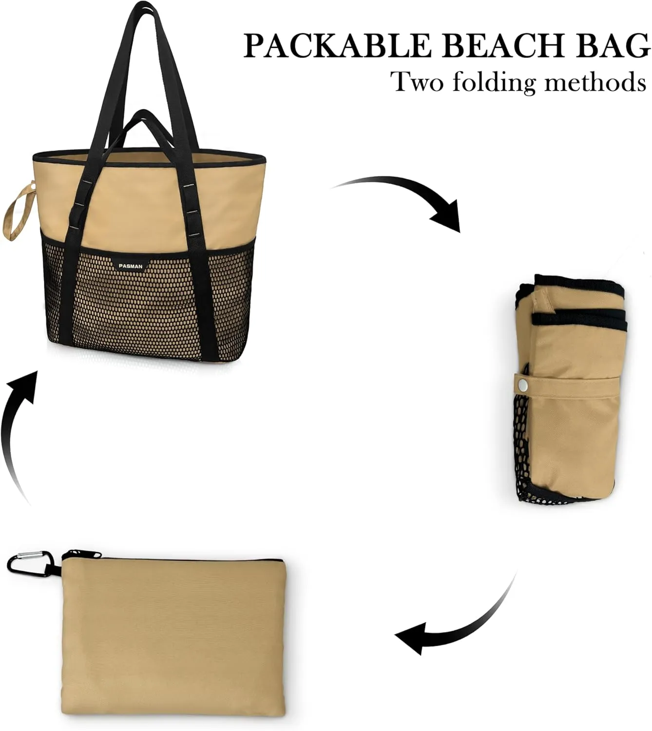 Beach Bag with Zipper - 8 Pockets Sandproof Beach Tote Bag for Women,Foldable Lightweight Family Swim Bag Vacation