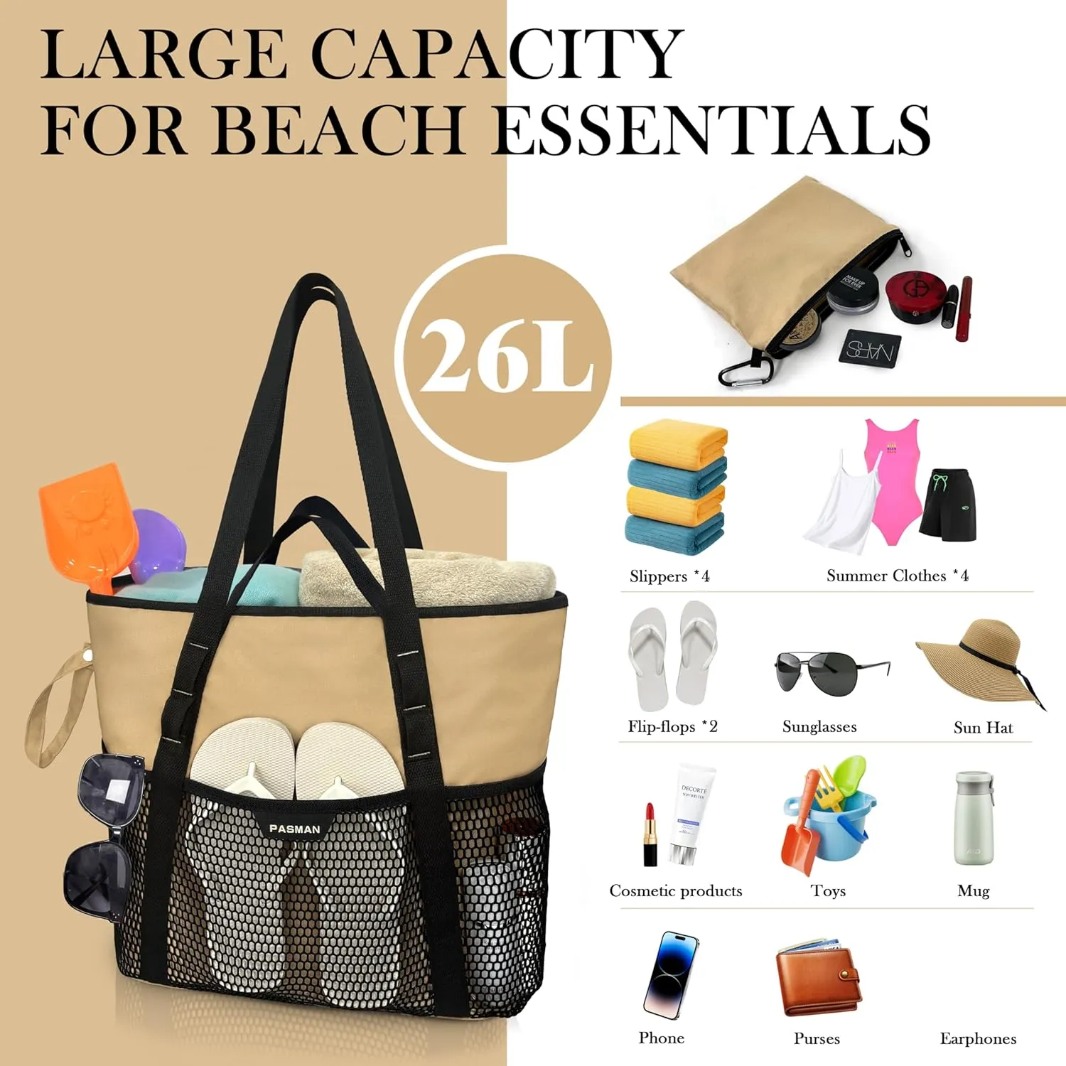 Beach Bag with Zipper - 8 Pockets Sandproof Beach Tote Bag for Women,Foldable Lightweight Family Swim Bag Vacation