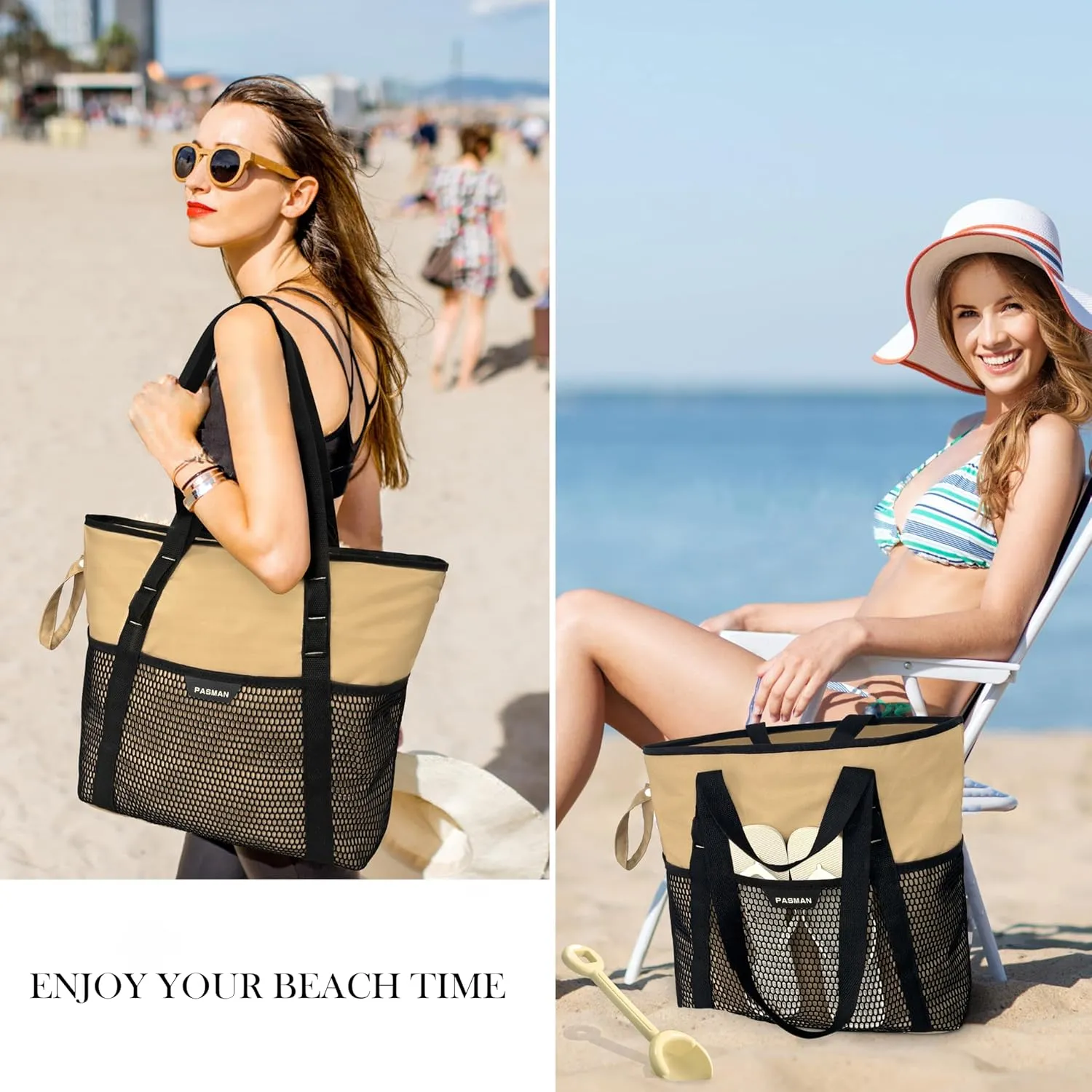 Beach Bag with Zipper - 8 Pockets Sandproof Beach Tote Bag for Women,Foldable Lightweight Family Swim Bag Vacation