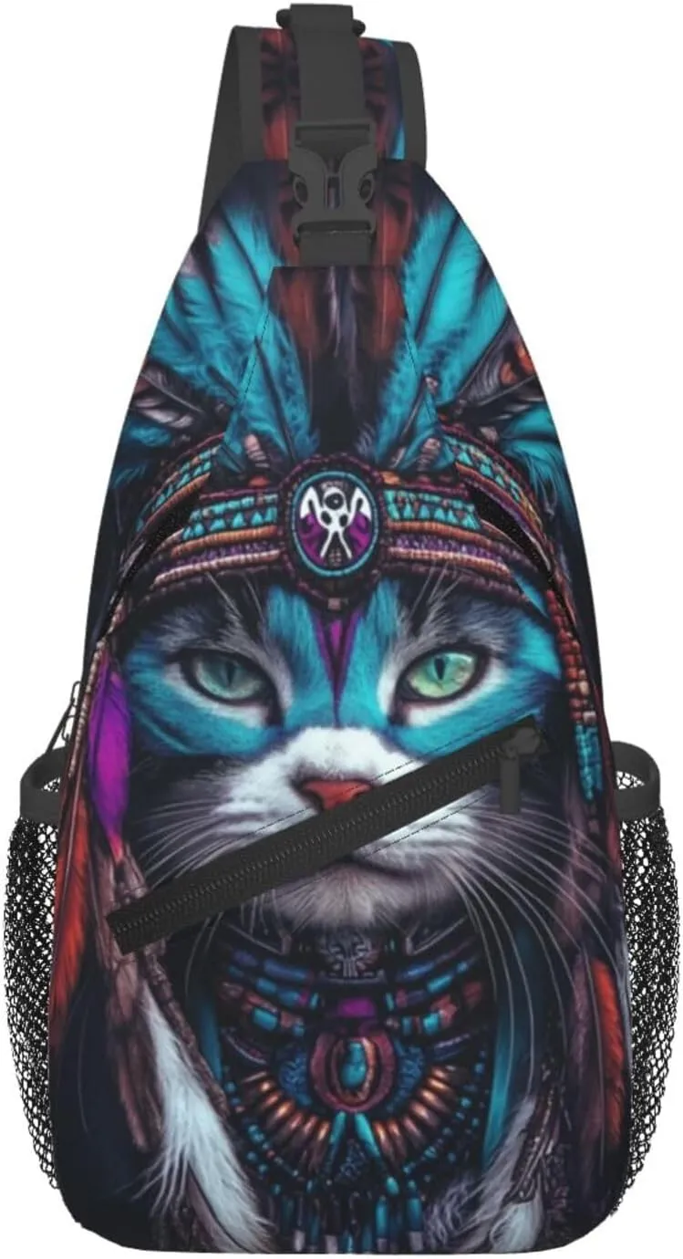 Beautiful Native American Cat Crossbody Bag Fitness Sports Travel Hiking Backpack National Culture Chest Bag Shoulder Bag for Women and Men