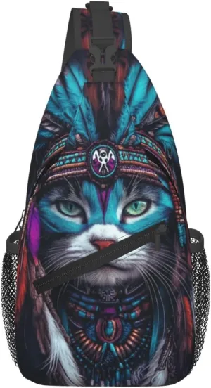 Beautiful Native American Cat Crossbody Bag Fitness Sports Travel Hiking Backpack National Culture Chest Bag Shoulder Bag for Women and Men