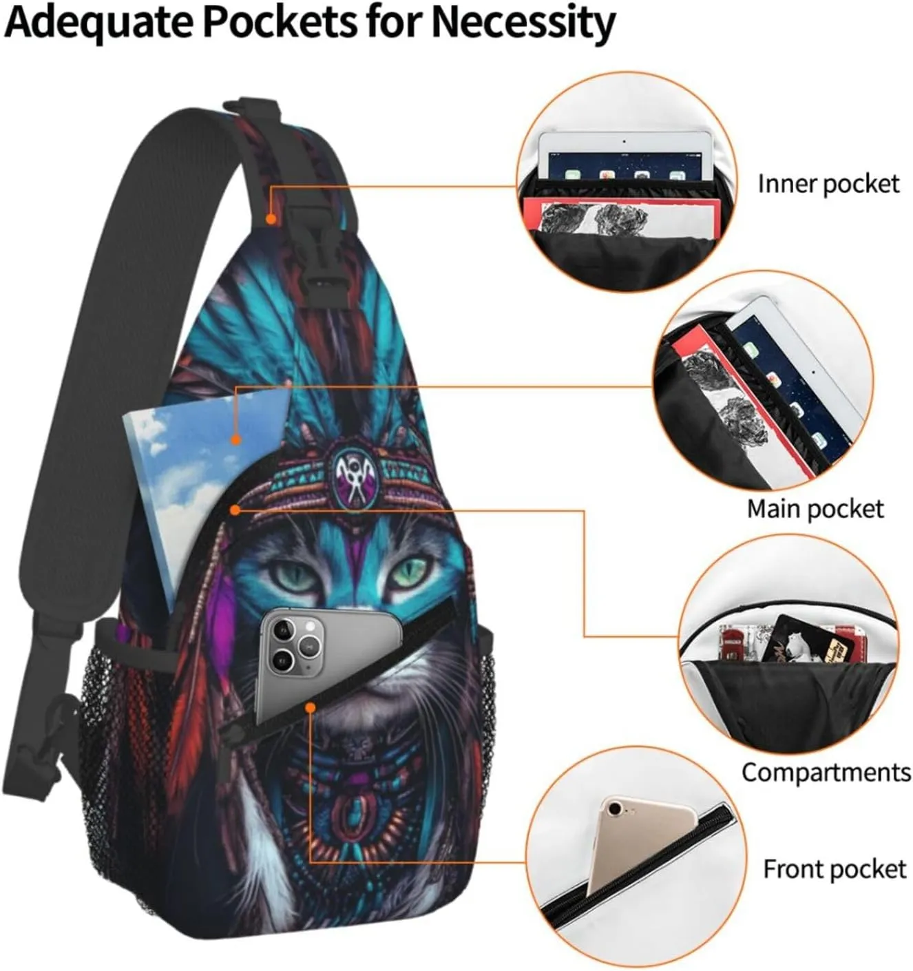 Beautiful Native American Cat Crossbody Bag Fitness Sports Travel Hiking Backpack National Culture Chest Bag Shoulder Bag for Women and Men
