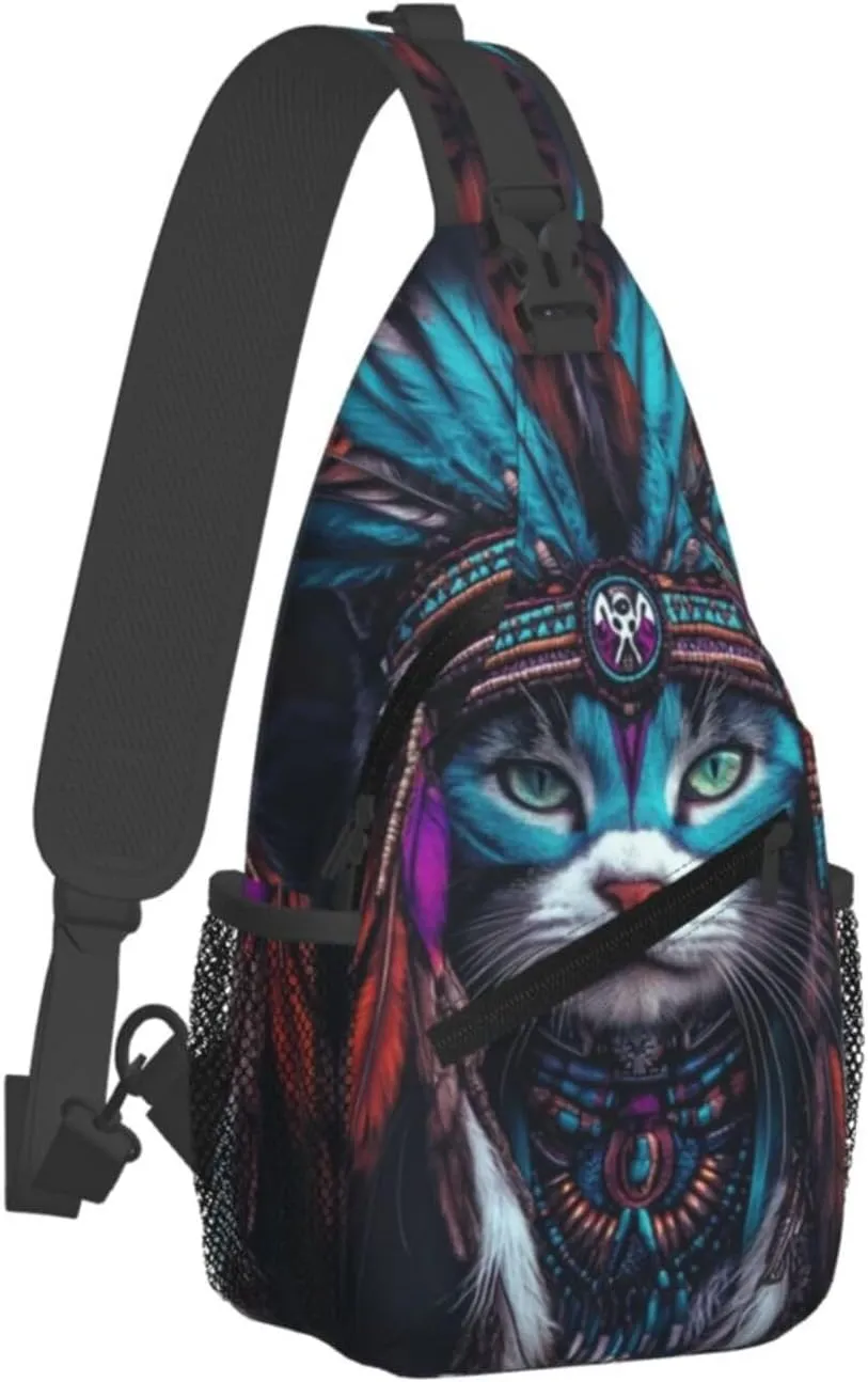 Beautiful Native American Cat Crossbody Bag Fitness Sports Travel Hiking Backpack National Culture Chest Bag Shoulder Bag for Women and Men