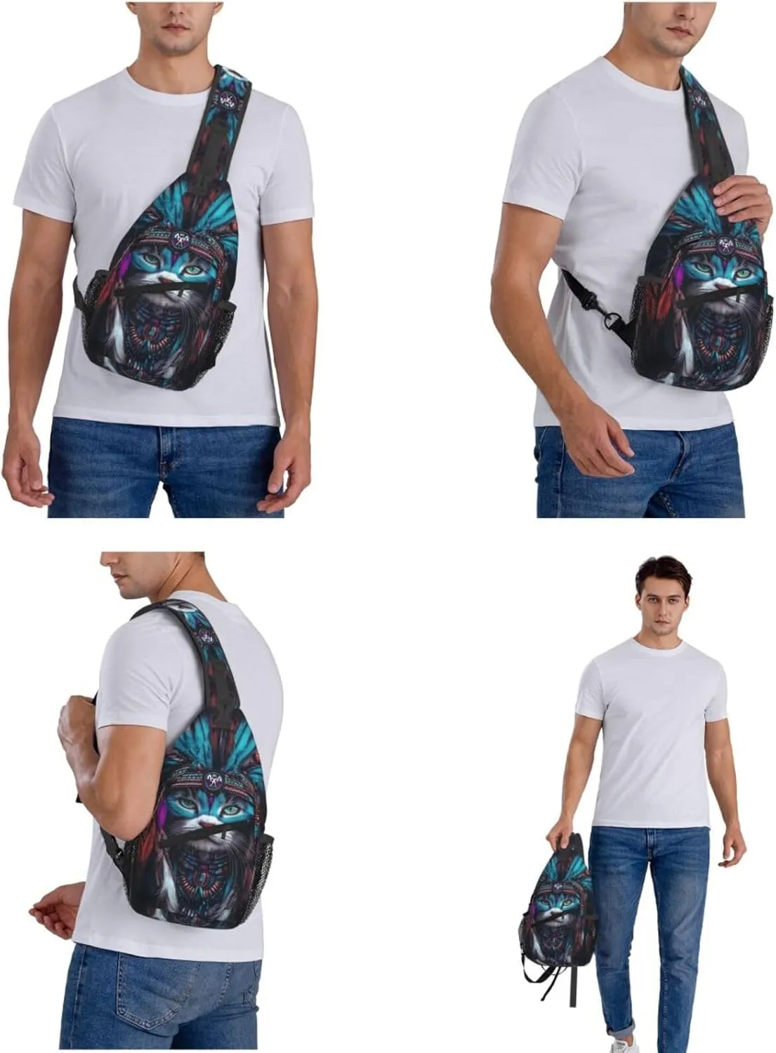 Beautiful Native American Cat Crossbody Bag Fitness Sports Travel Hiking Backpack National Culture Chest Bag Shoulder Bag for Women and Men