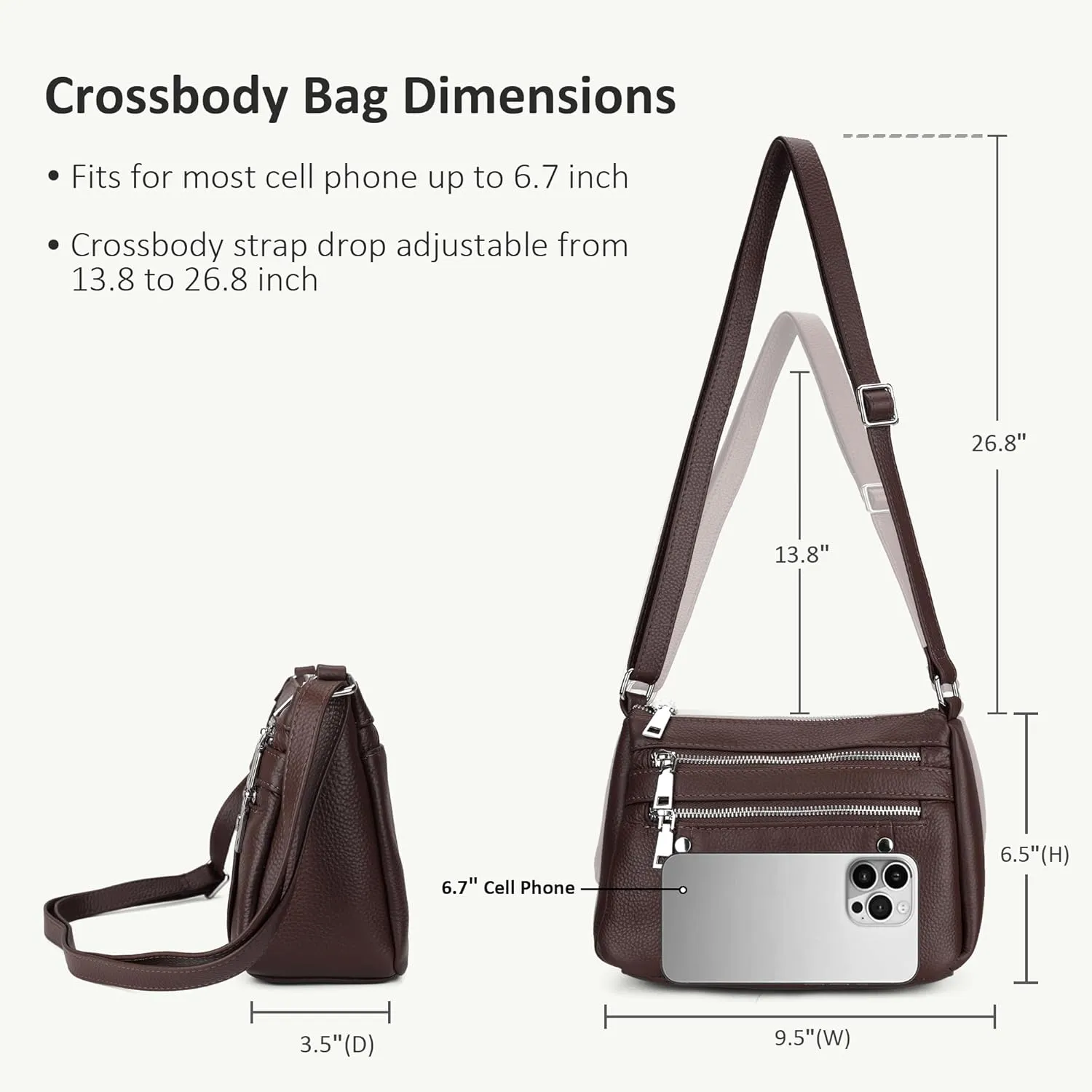 befen Genuine Leather Small Crossbody Bags Purses for Women Pocketbooks Shoulder Bag Satchel Purse with Multi Zipper Pockets