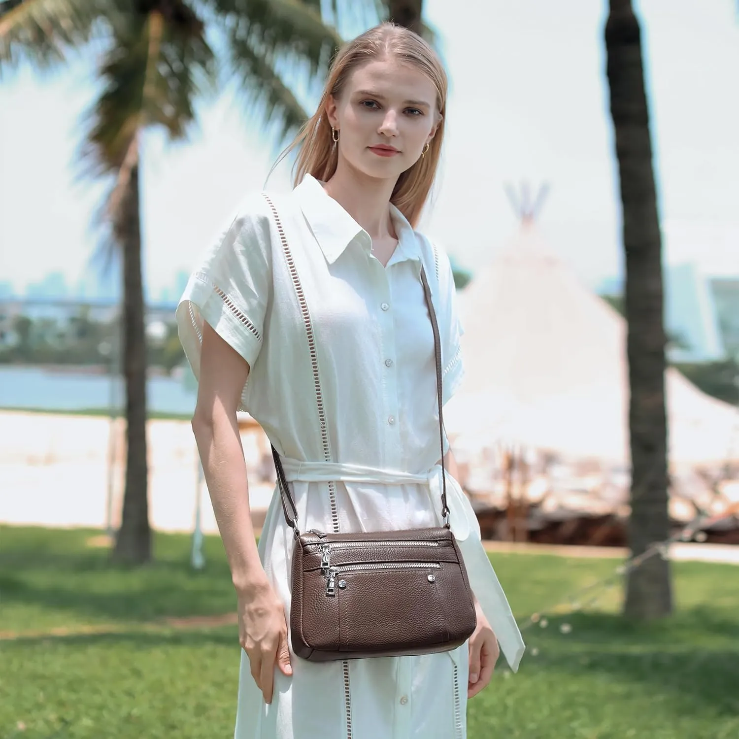 befen Genuine Leather Small Crossbody Bags Purses for Women Pocketbooks Shoulder Bag Satchel Purse with Multi Zipper Pockets