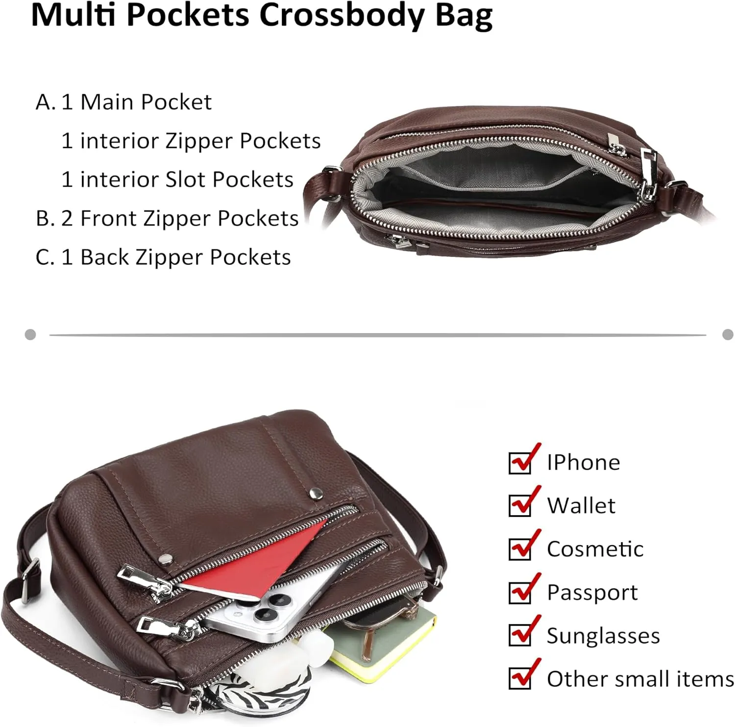 befen Genuine Leather Small Crossbody Bags Purses for Women Pocketbooks Shoulder Bag Satchel Purse with Multi Zipper Pockets